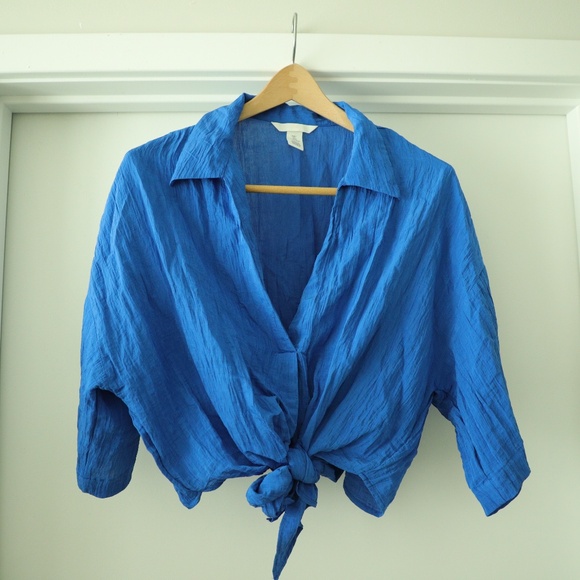 Electric Blue Cropped Shirt with Bow - L - Picture 1 of 6